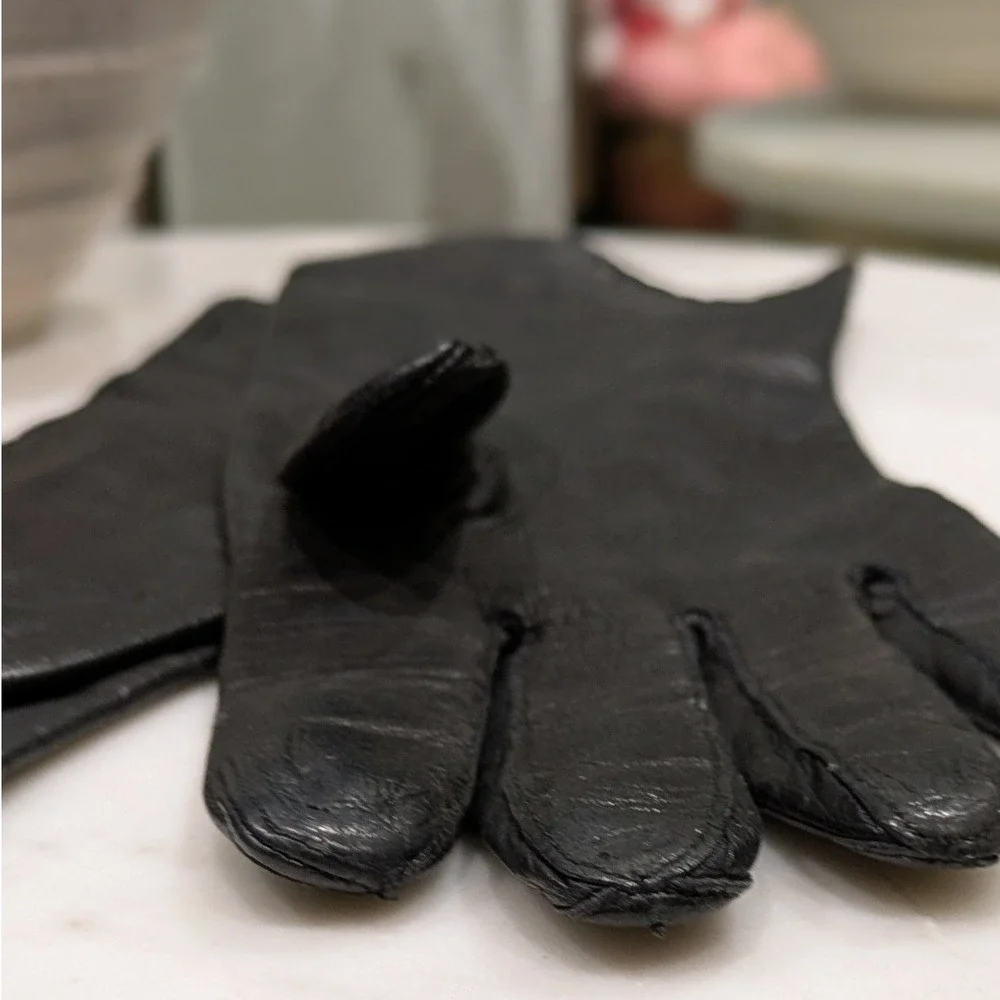 Vtg 1950s Aris of Paris Black Real Kidskin Leather Gloves Sz 7 French Mid-length